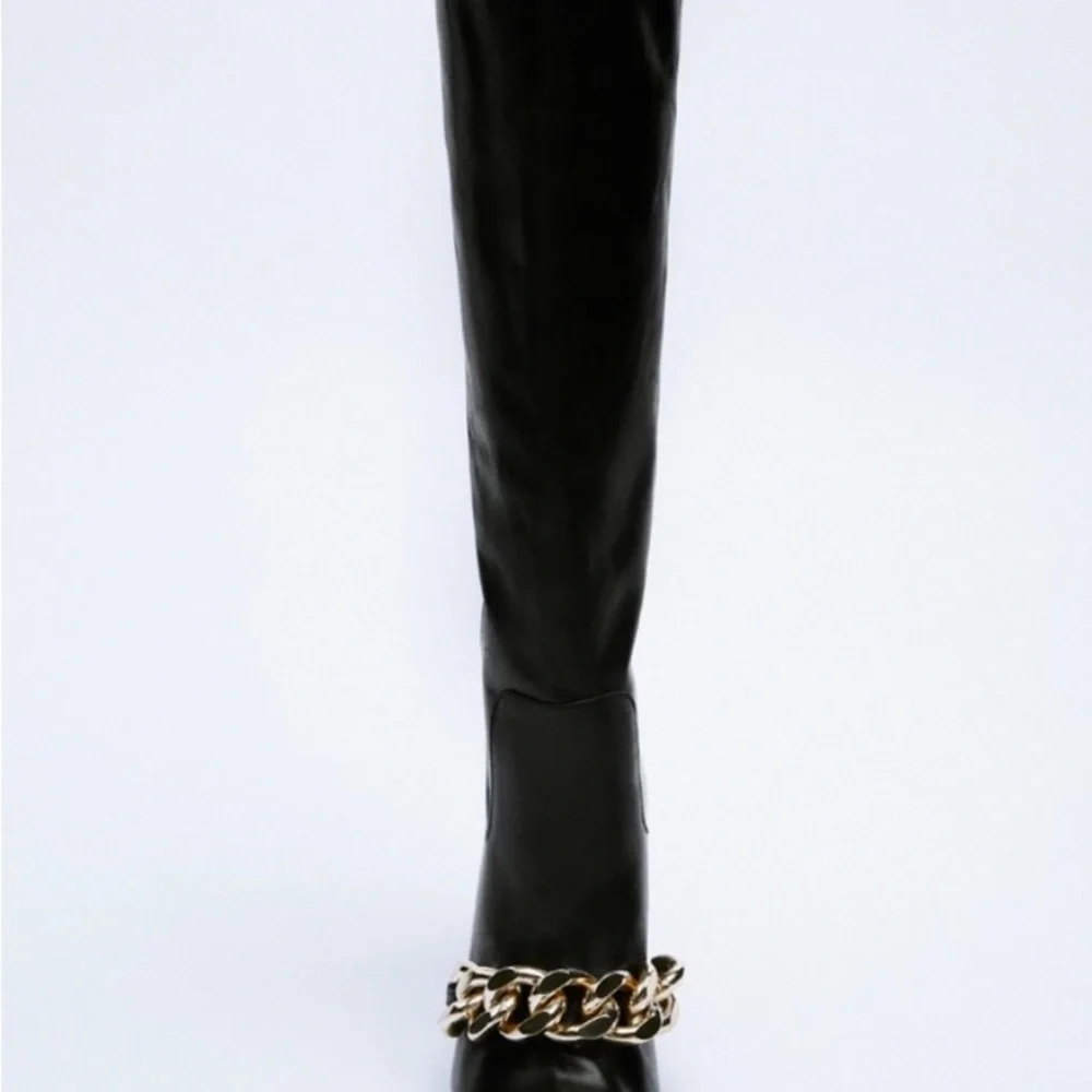 Zara Heeled Leather Knee High Boots With Chain Detail - Picture 4 of 16